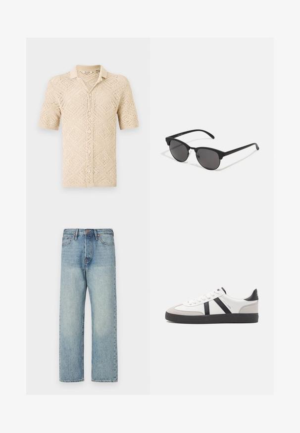 Bruine, puffy, capuchonjack met een ritsluiting aan de voorkant, voorzien van horizontale stiksels en twee zijzakken. Voering van zwarte stof.; Beige korte mouwen gebreide cardigan met een ruitpatroon, voorzien van een knoopsluiting en een kraag. Gemaakt van lichtgewicht materiaal.; Lichtblauwe denim jeans met een rechte pijp, vijf zakken en bronzen hardware. Minimaal vervaagd met een schone afwerking.; Witte sneaker met zwarte en grijze accenten, voorzien van een grijze neus met textuur, zwarte rubberen zool en platte witte veters. Schoon ontwerp, minimalistische stijl.; Zwarte zonnebril met ronde lenzen, matte afwerking en een kenmerkende cat-eye vorm. Slanke armen met subtiele branding op de linkertempel.