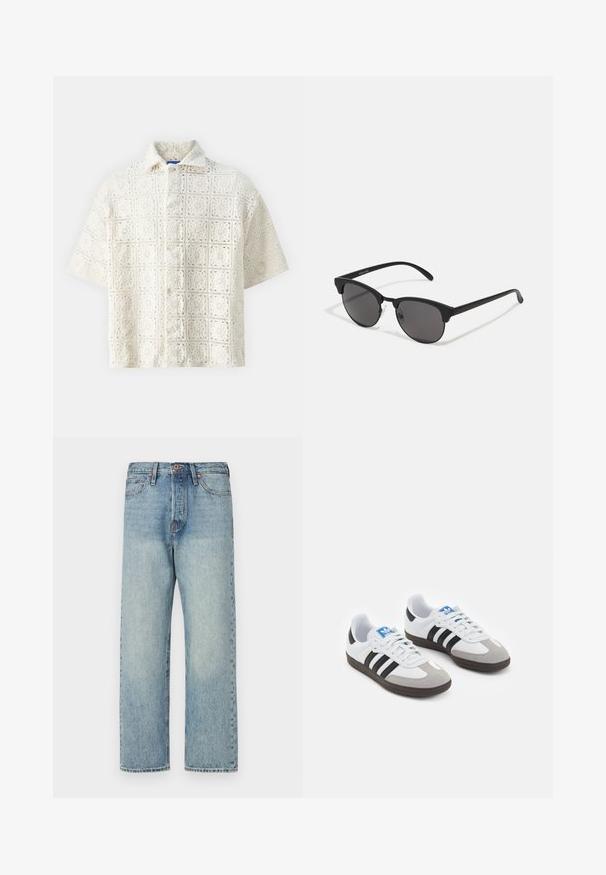 Braun, puffiger, mit Kapuze versehenen Jacke mit einem Reißverschluss vorne, ausgestattet mit horizontalen Nähten und zwei Seitentaschen. Gefüttert mit schwarzem Stoff.; Jack & Jones PREMIUM JORLOUIS - Hemd - cloud dancer; Hellblaue Jeans aus Denim mit geradem Bein, fünf Taschen und bronzener Hardware. Minimale Ausbleichungen mit einem sauberen Finish.; Sportschuhe mit einem Obermaterial aus weißem Leder, grauer Wildleder-Zehenkappe und drei schwarzen Streifen. Sie verfügen über ein blaues Logo auf der Zunge und eine strukturierte Gummisohle.; Schwarze Sonnenbrille mit runden Gläsern, matter Oberfläche und markanter Cat-Eye-Form. Schlanke Bügel mit dezenter Markenkennzeichnung am linken Schläfenstück.