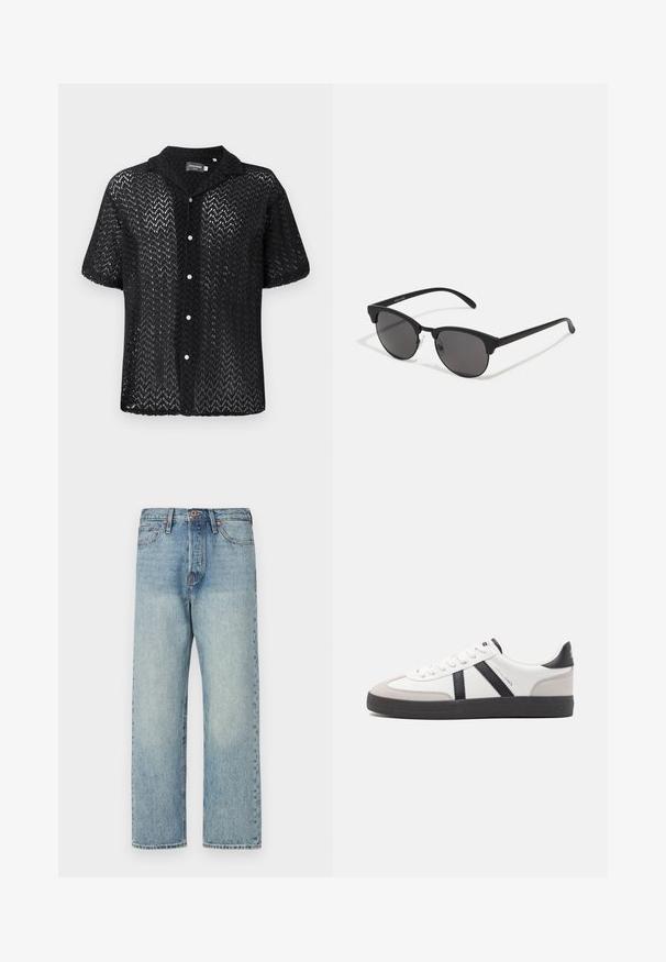 Brown, puffy, hooded jacket with a zip front, featuring horizontal stitching and two side pockets. Lined with black fabric.; Black short-sleeve shirt made of lace material featuring a chevron pattern, a collar, and a button-down front with white buttons.; Light blue denim jeans with a straight leg design, five pockets, and bronze hardware. Minimal fading with a clean finish.; White sneaker with black and gray accents, featuring a textured gray toe cap, black rubber sole, and flat white laces. Clean design, minimalist style.; Black sunglasses with round lenses, matte finish, and distinctive cat-eye shape. Slim arms with subtle branding on the left temple.