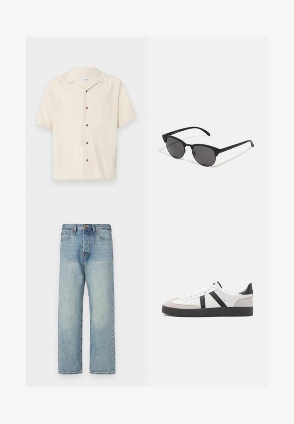 Brown, puffy, hooded jacket with a zip front, featuring horizontal stitching and two side pockets. Lined with black fabric.; Short-sleeved beige shirt made of a smooth fabric. Features a pointed collar and brown buttons along the front.; Light blue denim jeans with a straight leg design, five pockets, and bronze hardware. Minimal fading with a clean finish.; White sneaker with black and gray accents, featuring a textured gray toe cap, black rubber sole, and flat white laces. Clean design, minimalist style.; Black sunglasses with round lenses, matte finish, and distinctive cat-eye shape. Slim arms with subtle branding on the left temple.