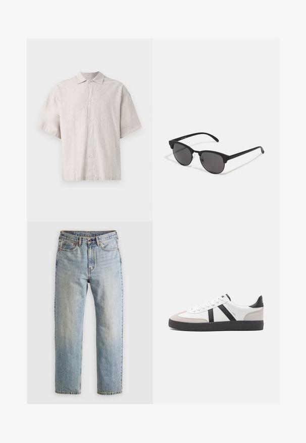 Hnědá, nadýchaná bunda s kapucí a zipem vpředu, se svislým prošíváním a dvěma bočními kapsami. Podšita černou látkou.; Světle šedá polo tričko s krátkým rukávem vyrobené z lnu. Obsahuje zapínání na knoflíky, plochý límec a volný střih s jemnou texturou.; Svetle modré džíny z denimu s vysokým pasem, předním knoflíkem, zipem a designem s pěti kapsami, ležící rovně na neutrálním pozadí.; Bílé tenisky s černými a šedými akcenty, opatřené texturovaným šedým prstovým krytem, černou gumovou podrážkou a plochými bílými tkaničkami. Čistý design, minimalistický styl.; Černé sluneční brýle s kulatými skly, matným povrchem a charakteristickým tvarovým kočičím okem. Úzké nožičky s nenápadným logem na levém rámu.