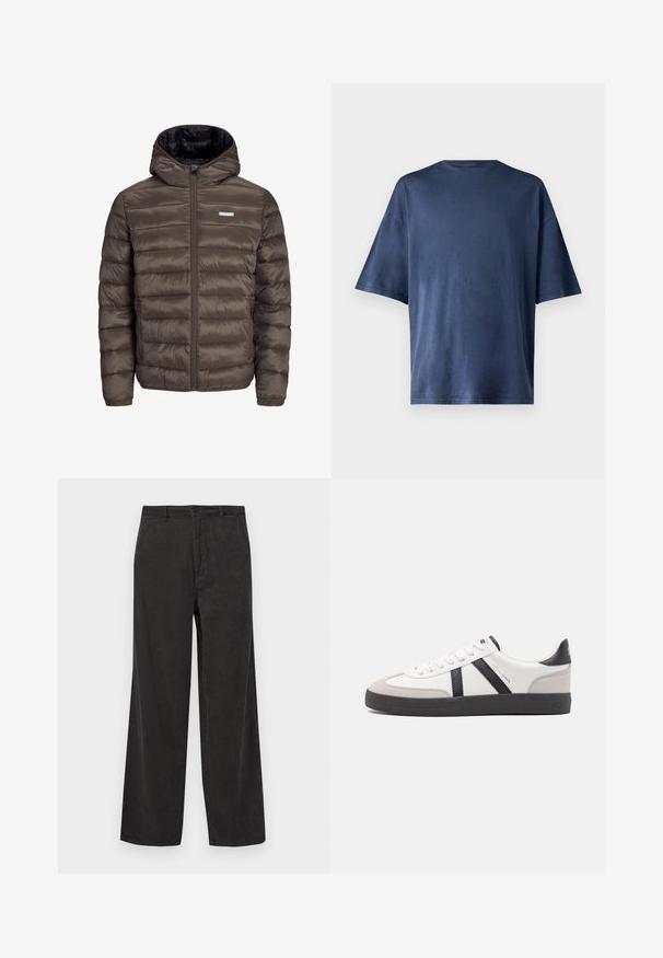 Hnedá, nadýchaná, kapucňová bunda so zipsom vpredu, s horizontálnym prešívaním a dvoma bočnými vreckami. Podšitá čiernym materiálom.; Námornícky modré tričko s krátkym rukávom, vyrobené z mäkkej látky, má klasický okrúhly výstrih a voľný strih, bez viditeľných vzorov či akcentov.; Čierne kordové nohavice so širokými nohavicami, s vertikálnou ribkovanou textúrou, so zipsom a gombíkovým zapínaním, a predné vrecká.; Biele tenisky s čiernymi a šedými akcentmi, s textúrovanou šedou špičkou, čiernou gumovou podrážkou a plochými bielymi šnúrkami. Čistý dizajn, minimalistický štýl.