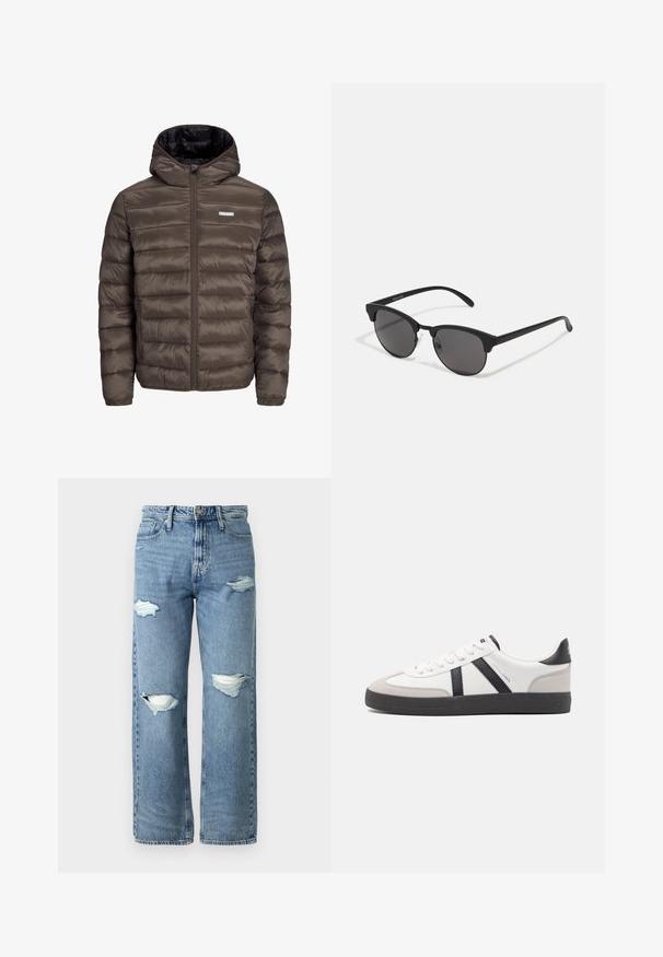 Ruskea, pörröinen, huppupäällinen takki, jossa on vetoketju edessä, vaakasuora ommelkuviointi ja kaksi sivutaskua. Vuorattu mustalla kankaalla.; Ruskean neulottu neulepaita, jossa on polo-kaulus, kolme nappia kauluksessa ja pitkät hihat. Pehmeä rakenne, uritettut hihansuut ja helma.; Vaaleansiniset farkut, joissa on korkea vyötärö, leveä lahje, ja joissa on kaksi rikkinäistä polven kohtaa sekä klassinen viiden taskun muotoilu.; Valkoiset lenkkarit mustilla ja harmailla yksityiskohdilla, joissa on teksturoitu harmaa kärki, musta kumipohja ja litteät valkoiset nauhat. Siisti muotoilu, minimalistinen tyyli.; Mustat aurinkolasit pyöreillä linsseillä, matalla pinnalla ja erottuvalla kissamaisella muodolla. Kapeat taitteet, joissa on huomaamaton brändäys vasemmassa temppeleissä.