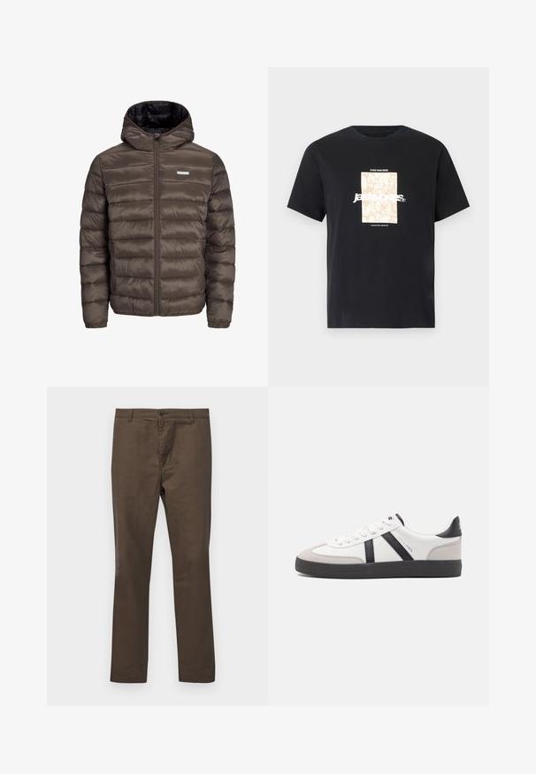 Smešano smeđi, puni kaput s kapuljačom i prednjim zatvaračem, s horizontalnim šavovima i dva bočna džepa. Obložen crnom tkaninom.; Crna pamučna majica s okruglim izrezom. Ima bež pravokutni grafički prikaz i bijeli tekst "JAWO" centriran sprijeda. Kratki rukavi.; Marron pamuk hlače s ravnim nogavicama, s kopčanjem na gumb i petljama za remen, glatke teksture bez uzoraka ili naglasaka.; Bijele tenisice s crnim i sivim detaljima, s teksturiranim sivim zaštitnikom prstiju, crnim gumene potplate i ravnim bijelim vezicama. Čist dizajn, minimalistički stil.