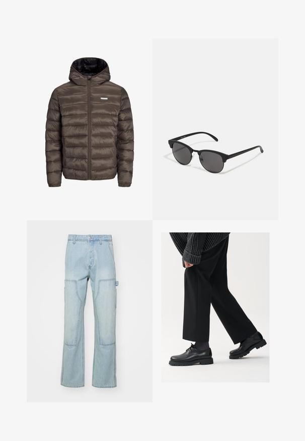 Ruda, pūkuota, su gaubtu striukė su užtrauktuku priekyje, su horizontaliomis siūlėmis ir dviem šoniniais kišenėmis. Iš vidaus išklota juodu audiniu.; Balta medvilninė marškinėliai su trumpomis rankovėmis, apvaliu iškirpimu ir raudonu grafiniu tekstu "SKANI PAŽADINTI VAIŠIUS" priekyje.; Only & Sons ONSEDGE - Tiesaus kirpimo džinsai - light blue denim; Juodos odinės kojinės su apvalia nosimi, raištelių dizainu ir storu, tekstūriniu padu. Dėvimos su pritaikytomis juodomis kelnėmis ir liniuotėmis megztiniu.; Juodos saulės akinių su apvaliais lęšiais, matinio paviršiaus ir išskirtinės katės akies formos. Šlauni rankenos su subtilia ženklinimo detale kairėje šventykloje.