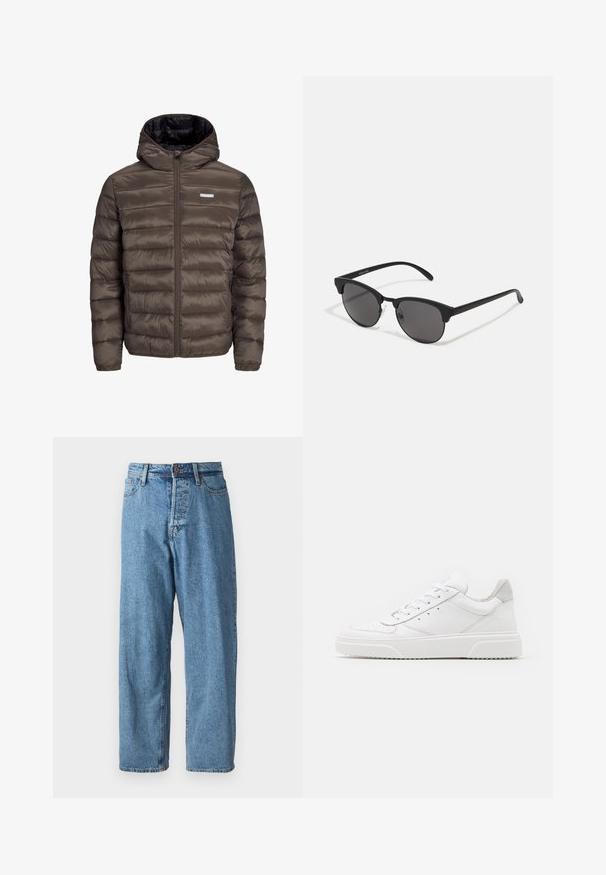 Brūna, pūkaina, ar kapuci, jaka ar rāvējslēdzēju priekšā, ar horizontālu šuvēm un divām sānu kabatām. Odere ir melnā audumā.; Balta kokvilnas T-kreklu ar īsām piedurknēm, apaļu kakla izgriezumu un sarkanu grafisku tekstu "GARDI ATSPIRDZINOŠI AUGĻI" priekšpusē.; Gai zilo džinsu bikses ar brīvu piegriezumu, kas aprīkotas ar pogu aizdari, pieciem kabatām un minimālu izbalēšanu, nodrošinot tīru izskatu. Klasiska šaurā kāju dizains.; Baltie ādas sporta apavi ar gludu virsmu, noapaļotu purngalu, plakaniem šņorēm un reljefa zoli. Pelēks zamšādas akcenti pie papēža.; Melnas saules brilles ar apaļām lēcām, matēta apdare un izteiksmīga kaķa acu forma. Šaurās kājiņas ar Discreto zīmolu uz kreisā tempļa.