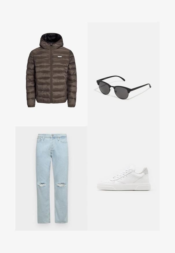 Chaqueta marrón, acolchada, con capucha y cierre de cremallera en el frente, con costuras horizontales y dos bolsillos laterales. Forrada con tejido negro.; Camiseta de algodón blanca con mangas cortas, cuello redondo y un texto gráfico rojo que dice "FRUTA DELICIOSA Y REFRESCANTE" en la parte frontal.; Jeans de denim azul claro con un corte recto, dos parches desgastados en las rodillas y un diseño estándar de cinco bolsillos con cierre de botón.; Zapatillas de cuero blanca con un acabado suave, punta redondeada, cordones planos y una suela texturada. Acento de ante gris en el talón.; Gafas de sol negras con lentes redondos, acabado mate y una distintiva forma de ojo de gato. Patillas delgadas con un sutil branding en la patilla izquierda.