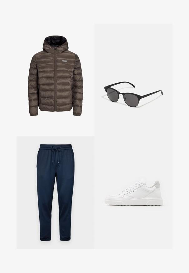 Brown, puffy, hooded jacket with a zip front, featuring horizontal stitching and two side pockets. Lined with black fabric.; White cotton t-shirt featuring short sleeves, crew neck, and a red graphic text "DELICIOUS REFRESHING FRUIT" on the front.; Only & Sons SLINUS - Tracksuit bottoms - navy; White leather sneakers with a smooth finish, rounded toe, flat laces, and a textured sole. Grey suede accent at the heel.; Black sunglasses with round lenses, matte finish, and distinctive cat-eye shape. Slim arms with subtle branding on the left temple.