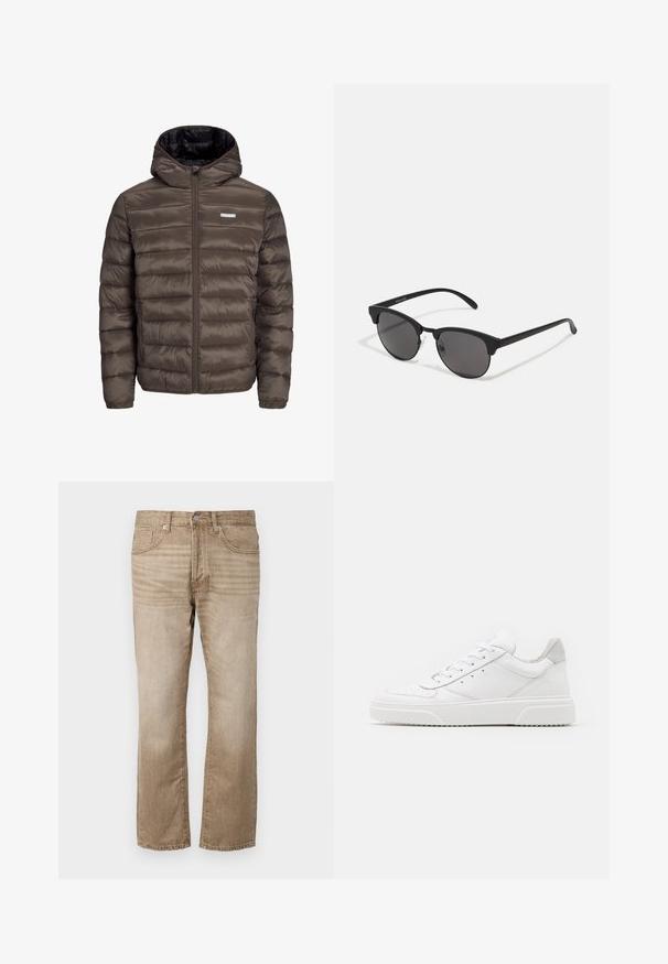 Ruskea, pörröinen, huppupäällinen takki, jossa on vetoketju edessä, vaakasuora ommelkuviointi ja kaksi sivutaskua. Vuorattu mustalla kankaalla.; Valkoinen puuvillapaita, jossa on lyhyet hihat, pyöreä kaula-aukko ja etupuolella punainen grafiikkateksti "HERKULLINEN RAJAAKASI HEDELMÄ".; Beige farkkutakki suoran lahkeen muotoilulla, jossa on viisi taskua, nappikiinnitys ja hieno haalistuminen kankaan pinnassa.; Valkoiset nahkakengät, joissa on sileä pinta, pyöreä kärki, litteät nauhat ja teksturoitu pohja. Harmaa mokkanahka korostaa kantapäätä.; Mustat aurinkolasit pyöreillä linsseillä, matalla pinnalla ja erottuvalla kissamaisella muodolla. Kapeat taitteet, joissa on huomaamaton brändäys vasemmassa temppeleissä.