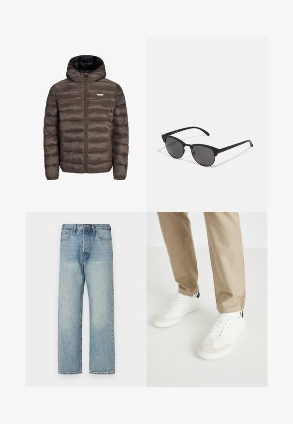 Pruun, paks ja kapuutsiga jakk, millel on lukuga esikülg, horisontaalsed õmblused ja kaks küljetaskut. Vooder mustast kangast.; Valge lühikeste varrukatega T-särk ribakudumises. Ümar kaelus, mugav lõige, nähtavad mustrid ega aksessuaarid puuduvad. Lihtne ja mitmekesine disain.; Heledad sinine teksapüksid otse jala lõikega, viie tasku ja pronksist detailidega. Minimoodustunud pleekimine puhta viimistlusega.; Valged madalate tennisekingade, millel on nahast akendid, paeltega disain ja tumesinine kontsatatab, kombineeritud khaki pükstega. Sile tekstuur ja minimaalne detailide hulk.; Mustad prillid ümmarguste läätsedega, mati viimistlusega ja iseloomuliku kassisilma kujuga. Peened sangad, millel on vasakul templil diskreetne brändingu märk.