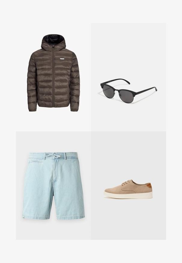 Ruskea, pörröinen, huppupäällinen takki, jossa on vetoketju edessä, vaakasuora ommelkuviointi ja kaksi sivutaskua. Vuorattu mustalla kankaalla.; Valkoinen lyhythihainen T-paita ribbikuviossa. Pyöreä kaula-aukko, rento istuvuus, ei näkyviä kuvioita tai yksityiskohtia. Yksinkertainen ja monikäyttöinen muotoilu.; Vaaleansiniset farkkushortsit, joissa on elastinen vyötärö ja solmittava yksityiskohta. Sivutaskut ja rento istuvuus. Silkkinen pinta, rento muotoilu.; Beige nubuck-lenkkarit, joissa on pyöreä kärki, nauhakiinnitys ja teksturoitu takaosa. Valkoinen kumipohja tuo kontrastia. Yksinkertainen ja moderni muotoilu.; Mustat aurinkolasit pyöreillä linsseillä, matalla pinnalla ja erottuvalla kissamaisella muodolla. Kapeat taitteet, joissa on huomaamaton brändäys vasemmassa temppeleissä.
