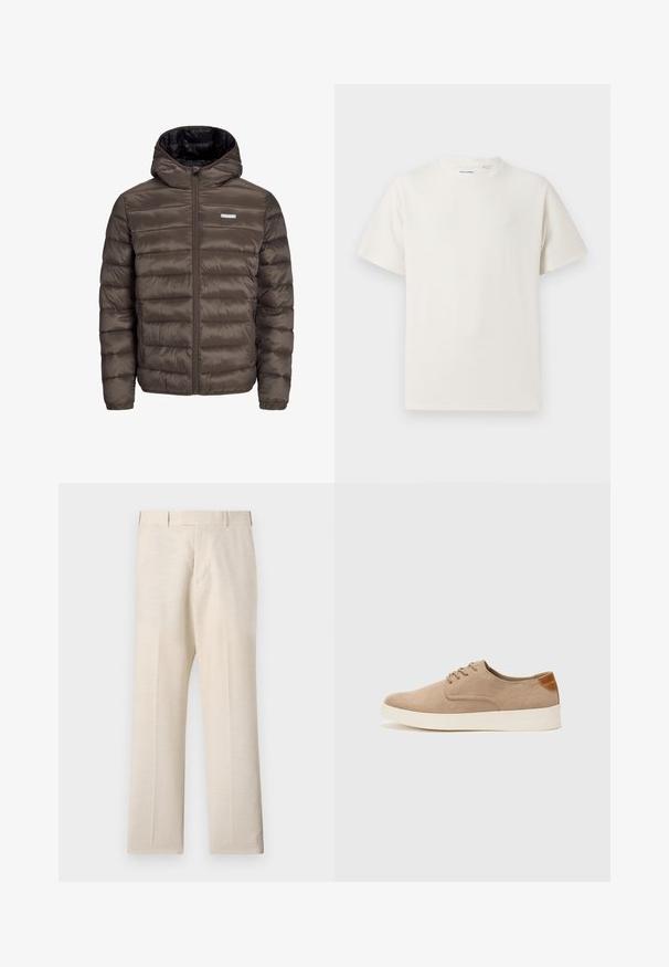 Ruskea, pörröinen, huppupäällinen takki, jossa on vetoketju edessä, vaakasuora ommelkuviointi ja kaksi sivutaskua. Vuorattu mustalla kankaalla.; Valkoinen lyhythihainen T-paita ribbikuviossa. Pyöreä kaula-aukko, rento istuvuus, ei näkyviä kuvioita tai yksityiskohtia. Yksinkertainen ja monikäyttöinen muotoilu.; Vaaleat housut, jotka on valmistettu kudotusta kankaasta, jossa on sileä pinta. Housuissa on tasainen etuosa, sivutaskut ja suorat lahkeet.; Beige nubuck-lenkkarit, joissa on pyöreä kärki, nauhakiinnitys ja teksturoitu takaosa. Valkoinen kumipohja tuo kontrastia. Yksinkertainen ja moderni muotoilu.