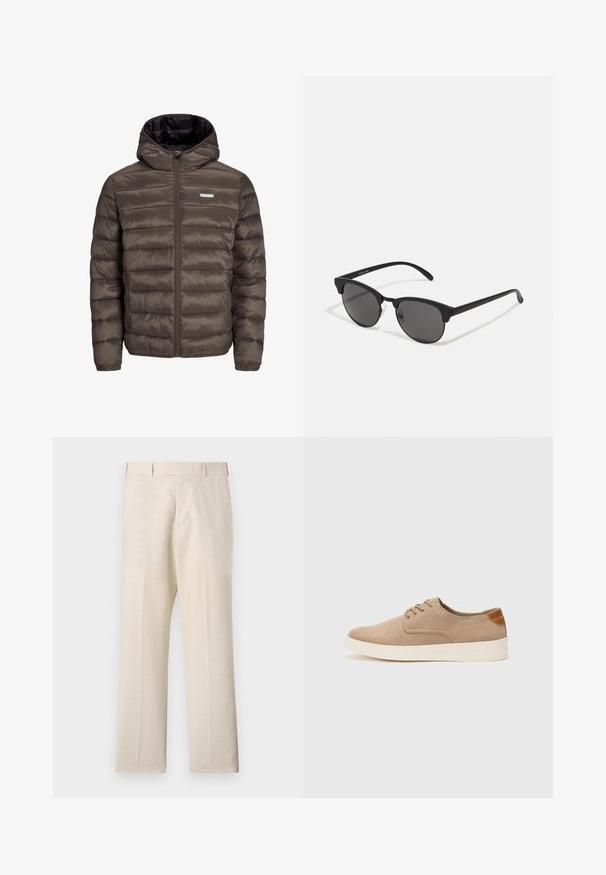 Brown, puffy, hooded jacket with a zip front, featuring horizontal stitching and two side pockets. Lined with black fabric.; White short-sleeve T-shirt in a ribbed texture. Round neckline, relaxed fit, no visible patterns or accents. Simple and versatile design.; Beige trousers made of woven fabric with a smooth texture, featuring a flat front, side pockets, and straight legs.; Beige suede sneakers with a rounded toe, lace-up front, and a textured back accent. White rubber sole provides contrast. Simple and modern design.; Black sunglasses with round lenses, matte finish, and distinctive cat-eye shape. Slim arms with subtle branding on the left temple.