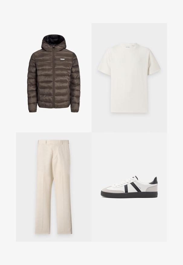 Brun, puffy, huva jacka med dragkedja framtill, med horisontell sömnad och två sidofickor. Fodrad med svart tyg.; Vit t-shirt med kort ärm i ribbad struktur. Rund halsringning, löst sittande passform, inga synliga mönster eller detaljer. Enkelt och mångsidigt design.; Beige byxor tillverkade av vävt tyg med en slät textur, med platt framdel, sidofickor och raka ben.; Vit sneaker med svarta och grå accenter, med en strukturerad grå tådel, svart gummisul, och platta vita skosnören. Ren design, minimalistisk stil.