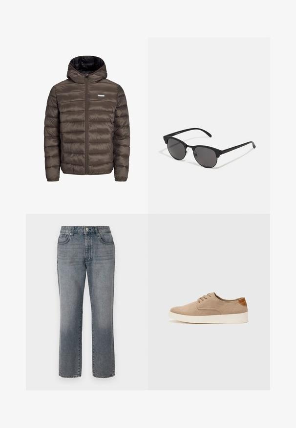 Brun, puffy, hettejakke med glidelås foran, med horisontale sømmer og to sidelommer. Fôret med svart stoff.; Hvit T-skjorte med kort erm i ribbestrikket tekstur. Rund hals, avslappet passform, ingen synlige mønstre eller detaljer. Enkelt og allsidig design.; Grå denim jeans med rette ben, fem lommer, og knapp- og glidelås-stengning. Litt falmet finish med synlig søm.; Beige semskinnsko med rund tå, snøring foran og en teksturert bakre aksent. Hvit gummisåle gir kontrast. Enkelt og moderne design.; Sorte solbriller med runde linser, matt finish og karakteristisk katteøyeform. Slanke armer med subtil merking på venstre tempel.