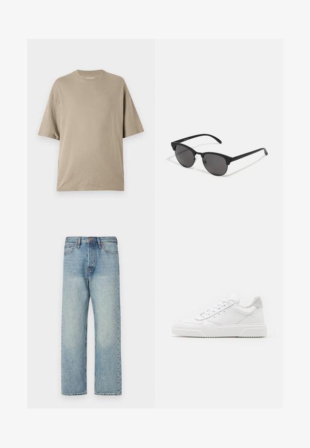 Casaco castanho, volumoso, com capuz e fecho de zip, apresentando costuras horizontais e dois bolsos laterais. Forrado com tecido preto.; Camiseta de manga curta bege feita de algodão macio, com um design de gola redonda e um corte solto, apresentando uma textura suave e detalhes mínimos.; Jeans de denim azul claro com um design de perna reta, cinco bolsos e ferragens em bronze. Com pouca descoloração e um acabamento limpo.; Ténis brancos em pele com acabamento suave, biqueira arredondada, atacadores planos e sola texturizada. Acento em camurça cinza na parte do calcanhar.; Óculos de sol pretos com lentes redondas, acabamento mate e forma distinta de olho de gato. Braços finos com uma marcação subtil na têmpora esquerda.