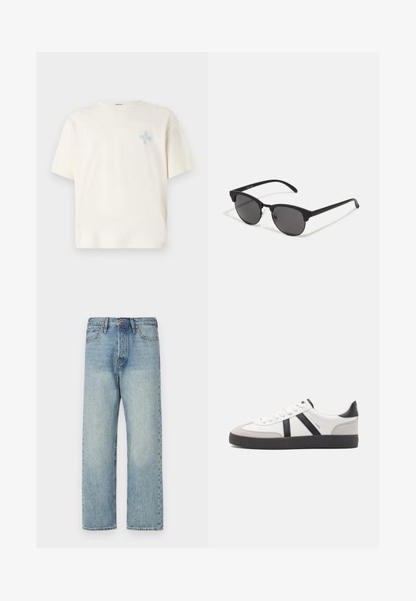 Braun, puffiger, mit Kapuze versehenen Jacke mit einem Reißverschluss vorne, ausgestattet mit horizontalen Nähten und zwei Seitentaschen. Gefüttert mit schwarzem Stoff.; Cremfarbendes T-Shirt mit kurzen Ärmeln aus Baumwolle, versehen mit einem hellblauen gestickten Design auf der linken Brust. Klassischer Rundhals-Ausschnitt, lockere Passform.; Hellblaue Jeans aus Denim mit geradem Bein, fünf Taschen und bronzener Hardware. Minimale Ausbleichungen mit einem sauberen Finish.; Weiße Sneaker mit schwarz- und grau-aczenten, ausgestattet mit einer strukturierten grauen Zehenkappe, schwarzer Gummi-Sohle und flachen weißen Schnürsenkeln. Sauberes Design, minimalistische Stil.; Schwarze Sonnenbrille mit runden Gläsern, matter Oberfläche und markanter Cat-Eye-Form. Schlanke Bügel mit dezenter Markenkennzeichnung am linken Schläfenstück.