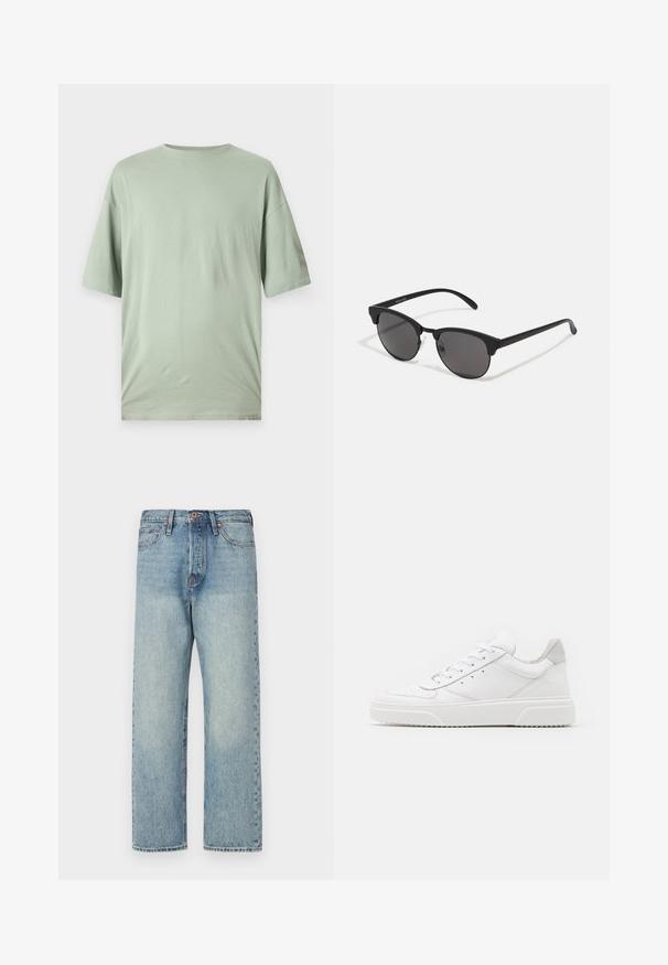 Nøddebrun, puffy, hættejakke med lynlås foran, der har vandrette syninger og to sidelommer. Foret med sort stof.; Lys grøn kortærmet t-shirt lavet af blødt stof. Har en rund halsudskæring og en afslappet pasform uden synlige mønstre eller udsmykninger.; Lysblå denimjeans med lige ben-design, fem lommer og bronze hardware. Minimal falming med en ren finish.; Hvide lædersneakers med en glat finish, rund tå, flade snørebånd og en struktureret sål. Grå ruskindsdetalje ved hælen.; Sorte solbriller med runde linser, mat finish og karakteristisk katteøje-form. Slanke arme med subtil branding på venstre stel.