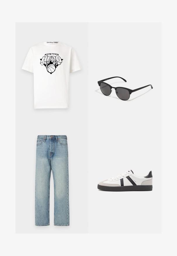 Brązowa, puszysta kurtka z kapturem, z przodem na zamek błyskawiczny, z poziomymi przeszyciami i dwiema bocznymi kieszeniami. Podszewka z czarnego materiału.; Biała bawełniana koszulka z czarnym nadrukiem graficznym z napisem "BOHATER Z OJCZYZNY", płomieniami i wzorem koszykówki umieszczonym na środku przodu.; Jasnoniebieskie dżinsy z prostymi nogawkami, pięcioma kieszeniami i brązowym okuciem. Minimalne wyblaknięcie z czystym wykończeniem.; Białe sneakersy z czarnymi i szarymi akcentami, z teksturowanym szarym czubkiem, czarną gumową podeszwą i płaskimi białymi sznurowadłami. Czysty design, minimalistyczny styl.; Czarne okulary przeciwsłoneczne z okrągłymi soczewkami, matowym wykończeniem i charakterystycznym kształtem kota. Smukłe ramiona z subtelnym logo na lewym skroniu.