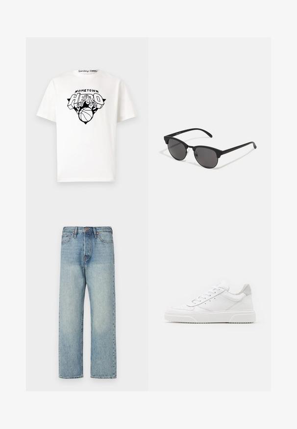 Rjava, puhasta, jakna s kapuco in z zadrgo spredaj, z vodoravnimi šivi in dvema stranskima žepoma. Podložena s črno tkanino.; Bela bombažna majica s črnim grafičnim potiskom, ki prikazuje napis "HOMETOWN HERO," plamene in dizajn košarkaške žoge na sprednji strani.; Svjetloplave traperice s ravnim krojem, pet džepova i brončanim dijelovima. Minimalno izbjeljivanje s čistim završetkom.; Bele usnjene športne copate z gladkim zaključkom, okroglo konico, ravnimi vezalkami in teksturiranim podplatom. Sivi semiš detajl na peti.; Črne sončna očala z okroglimi lečami, mat površino in značilno obliko mačjih oči. Tanke nogice z diskretnim logotipom na levem templju.