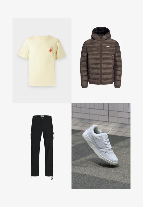 Chaqueta marrón, acolchada, con capucha y cierre de cremallera en el frente, con costuras horizontales y dos bolsillos laterales. Forrada con tejido negro.; Camiseta de algodón amarillo claro con cuello redondo y mangas cortas; presenta un gráfico rojo de un vaso de helado en el lado izquierdo del pecho.; Pantalones cargo negros con corte recto, que cuentan con bolsillos laterales, cierre de botón y cordones elásticos en los tobillos. Fabricados en tejido resistente.; Zapatilla blanca de cuero con lados perforados, acentos texturizados, cordones planos y un talón gris en contraste. Presenta una suela ligeramente elevada.