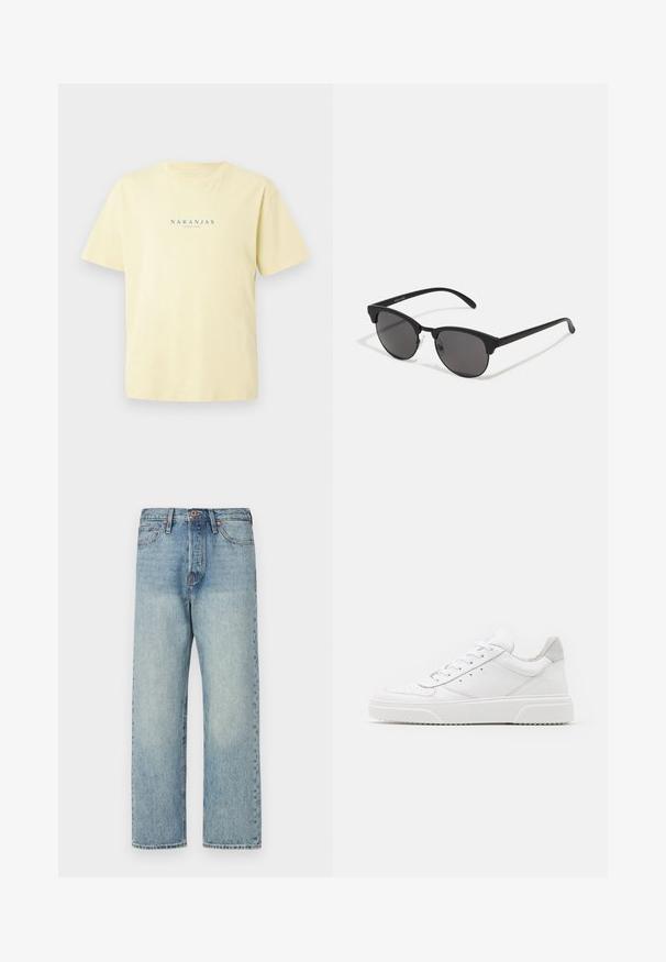 Ruda, pūkuota, su gaubtu striukė su užtrauktuku priekyje, su horizontaliomis siūlėmis ir dviem šoniniais kišenėmis. Iš vidaus išklota juodu audiniu.; Šviesiai geltona medvilninė marškinė su trumpomis rankovėmis ir apvaliu iškirpimu. Ant krūtinės yra mėlynas užrašas "NARANJAS".; Šviesiai mėlynos džinsinės kelnės su tiesiu kirpimu, penkiomis kišenėmis ir variniais akcentais. Minimalus blukimas su švariu apdailos įvaizdžiu.; Balti odiniai sportbačiai su lygiu paviršiumi, apvaliu pirštu, plokščiomis raištelėmis ir struktūrizuota padu. Pilko zimšo akcentas ant kulno.; Juodos saulės akinių su apvaliais lęšiais, matinio paviršiaus ir išskirtinės katės akies formos. Šlauni rankenos su subtilia ženklinimo detale kairėje šventykloje.