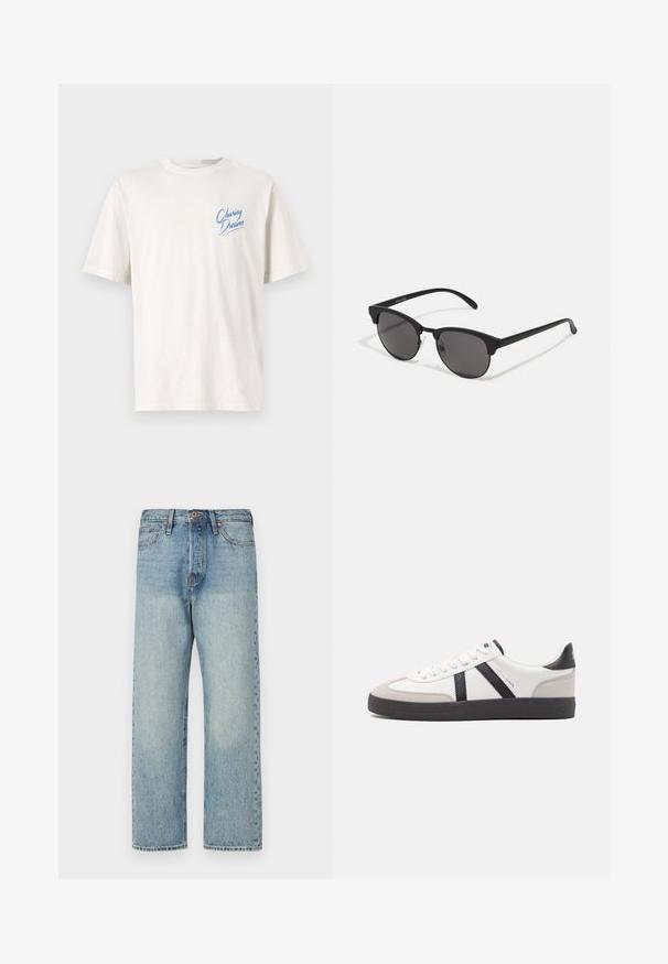 Veste à capuche brune, gonflée, avec fermeture éclair à l'avant, présentant des coutures horizontales et deux poches latérales. Doublée en tissu noir.; T-shirt beige clair en coton, avec des manches courtes et un col rond. "Chasing Dreams" imprimé en bleu sur le côté gauche de la poitrine.; Jeans en denim bleu clair avec une coupe droite, cinq poches et des détails en bronze. Légère décoloration avec une finition propre.; Baskets blanches avec des accents noirs et gris, présentant un embout texturé gris, une semelle en caoutchouc noir et des lacets plats blancs. Design épuré, style minimaliste.; Lunettes de soleil noires avec des verres ronds, finition mate et une forme distinctive en œil de chat. Monture fine avec un logo discret sur la branche gauche.