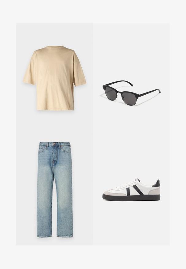 Hnědá, nadýchaná bunda s kapucí a zipem vpředu, se svislým prošíváním a dvěma bočními kapsami. Podšita černou látkou.; Jack & Jones JJECHARGE FADED TEE - Jednoduché tričko - humus; Světle modré džíny z denimu se střihem rovné nohavice, pěti kapsami a bronzovými prvky. Minimální vyblednutí s čistým dokončením.; Bílé tenisky s černými a šedými akcenty, opatřené texturovaným šedým prstovým krytem, černou gumovou podrážkou a plochými bílými tkaničkami. Čistý design, minimalistický styl.; Černé sluneční brýle s kulatými skly, matným povrchem a charakteristickým tvarovým kočičím okem. Úzké nožičky s nenápadným logem na levém rámu.