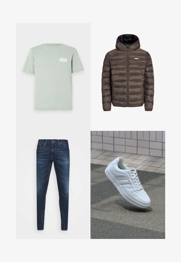 Brūna, pūkaina, ar kapuci, jaka ar rāvējslēdzēju priekšā, ar horizontālu šuvēm un divām sānu kabatām. Odere ir melnā audumā.; Gaiši zaļa kokvilnas T-kreklu ar apaļu kakla izgriezumu un īsām piedurknēm. Uz kreisās krūts ir prints ar baltu logotipu "JACK & JONES".; Tumši zili džinsi ar šauru piegriezumu, ar vieglu izbalēšanu, piecām kabatām un metalizētu pogu aizdari. Šuvju akcenti kontrastējošā krāsā.; Balti sporta apavi ar gludu ādas virsu, sasienamais priekšpuse, perforēts purngals un rakstaina zole. Minimālisma dizains ar trim sānu svītrām.