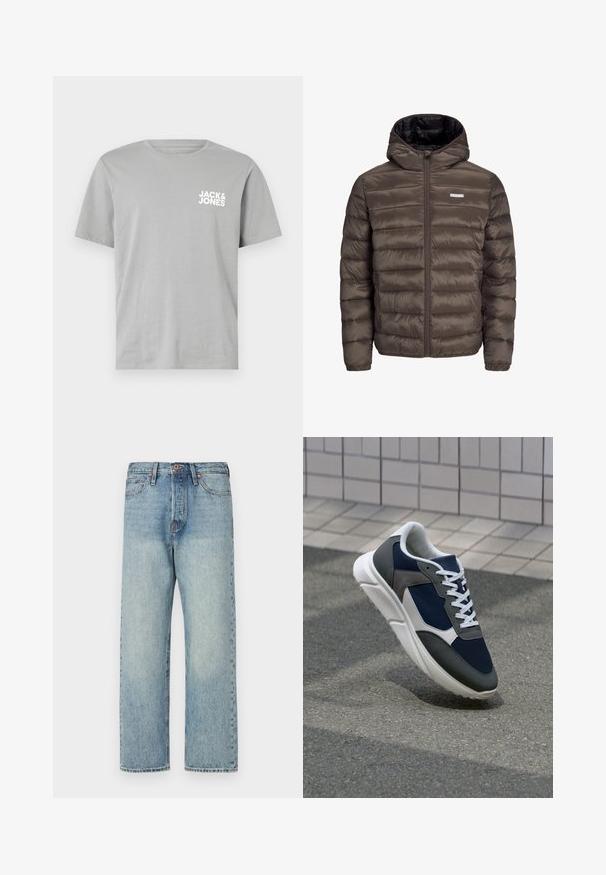 Barna, puffos, kapucnis dzseki cipzárral az elején, vízszintes varrásokkal és két oldalsó zsebbel. Fekete anyaggal bélelve.; Szürke pamut póló rövid ujjakkal, kerek nyakkivágással és fehér "JACK & JONES" logóval, amely a bal mellrészen található.; Világoskék farmernadrág egyenes lábbal, öt zsebbel és bronz kiegészítőkkel. Minimális kopás, tiszta kivitel.; Cipő, amelynek sötétkék hálós felsőrésze, szürke velúr díszítései, fehér gumitalpa és lapos fehér fűzője van, a kényelem és a légáteresztő képesség érdekében tervezve.
