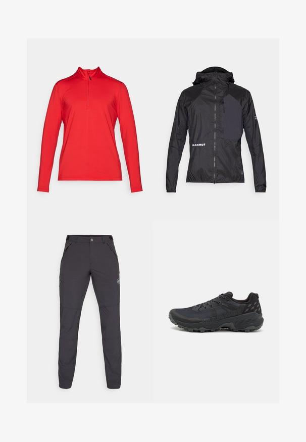 Let jakke i sort med lynlås foran, hætte og kontrasterende mørkt panel. Har "MAMMUT" logoet og struktureret stof.; Rød langærmet sportstrøje med en kvart lynlås, lavet af letvægtsmateriale, med høj krave og flade sømme for komfort.; Mørkegrå udendørsbukser med slim fit, lavet af fleksibelt materiale. Har tre lynlåslommer og et logo detaljer.; Sorte trail løbesko med en tekstureret mesh-overdel og gummiydersål; funktioner inkluderer snørebånd, en polstret krave og logo-detaljer.