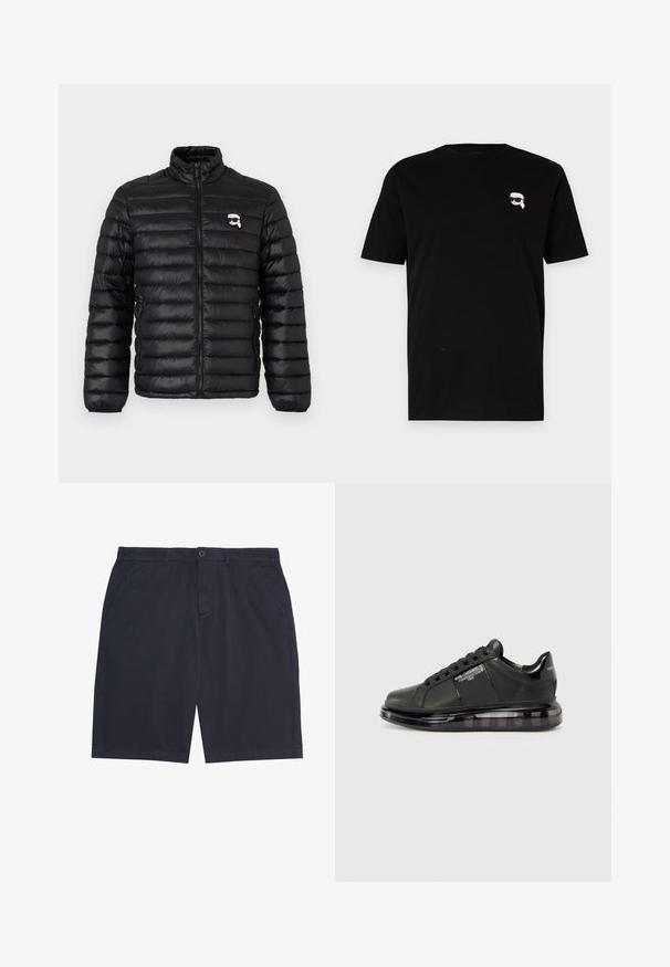 Fekete pehelydzseki magas gallérral, vízszintes steppeléssel és mellkasi logóval. Fényes anyagból készült, rugalmas mandzsettákkal és cipzáros zárással.; Fekete pamut póló, rövid ujjú, bal mellen egy kis fehér grafikával, amelyen egy szemüveges karakter látható. Klasszikus kerek nyakú dizájn.; Tengerészkék férfi casual rövidnadrág gombos záródással, övhurkokkal és oldalzsebekkel, fehér háttéren laposan elrendezve.; Fekete sportcipő sima bőr felsőrésszel, kerek orral és fűzős dizájnnal. Átlátszó, párnázott talppal rendelkezik, sötét árnyalatú átmenettel.