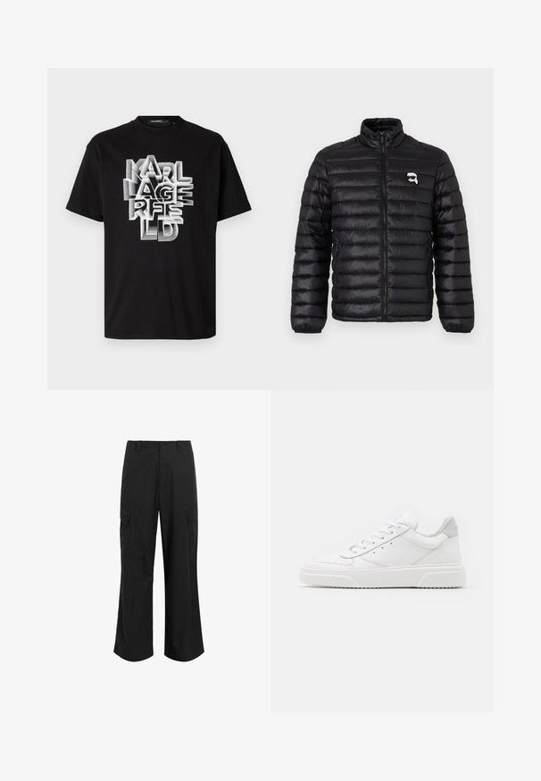 Jachetă pufșor neagră cu guler înalt, quilting orizontal și logo pe piept. Confecționată dintr-un material lucios, cu manșete elastice și închidere cu fermoar.; Tricou negru din bumbac cu tipografie albă, îndrăzneață și stratificată care scrie "KARL LAGERFELD", cu un guler clasic și mâneci scurte.; Pantaloni cargo negri dintr-un material ușor, cu o croială relaxată, două buzunare laterale mari și închidere cu nasture.; Adidași din piele albă cu un finisaj neted, vârf rotunjit, șireturi plate și o talpă texturată. Accente din piele întoarsă gri la călcâi.