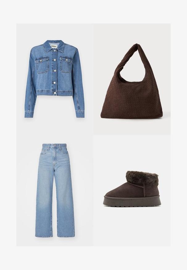 Jasnoniebieska denimowa kurtka o kroju cropped, z zapięciem na guziki z przodu, dwiema kieszeniami na piersi i spiczastym kołnierzem. Posiada gładką fakturę.; Brązowy sweter cropped z dzianiny o splocie w warkocze, z wysokim kołnierzem typu golf i długimi rękawami, z prążkowanym wykończeniem i teksturowanym wzorem na całej powierzchni.; Jasnoniebieskie jeansy z wysokim stanem i szerokimi nogawkami, z zapięciem na guziki i zamek z przodu, przednie i tylne kieszenie, na białym tle.; Brązowy zamszowy botek sięgający kostki z sztucznym futrem przy kołnierzu, okrągłym noskiem i teksturowaną gumową podeszwą. Posiada proste przeszycia i niskoprofilowy design.; Brązowa pleciona torba o zwisłym kształcie, z pojedynczym uchwytem w formie pętli i teksturowaną powierzchnią. Projekt charakteryzuje się stylem hobo bez dodatkowych akcesoriów.