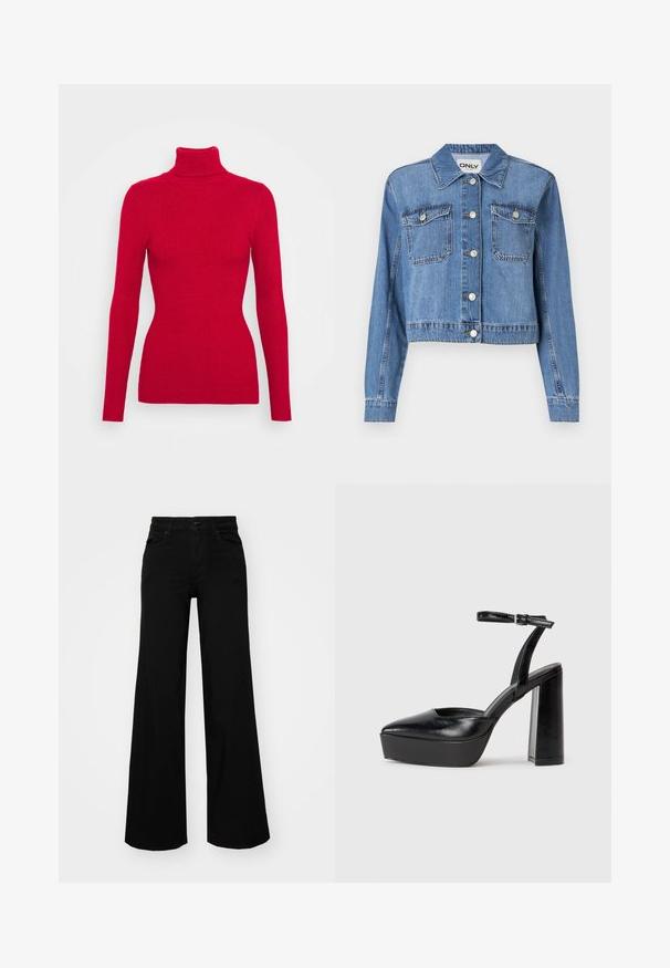 Lichtblauwe denimjack met een cropped ontwerp, knopen aan de voorkant, twee borstzakken en een spitse kraag. Heeft een soepele textuur.; Rode geribbelde turtleneck trui met lange mouwen, gestructureerde stof, getailleerde silhouet en hoge kraag. Geen zichtbare versieringen.; Zwarte wijdvallende broek van denim, met een gestructureerde tailleband, riemlussen en voorzakken. Glad van textuur met een klassiek ontwerp.; Zwarte plateauhakken met een puntige neus en verstelbare enkelband. Gemaakt van soepel leer, met een robuuste blokhak.
