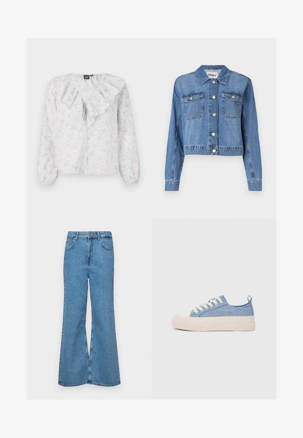 Világoskék farmerdzseki, rövidített fazonnal, elöl gombokkal, két mellzsebből és hegyes gallérral. Simább textúrával rendelkezik.; Fehér blúz volánkos nyakkal, rózsaszín és kék virágmintával, hosszú ujjal és gombos záródással. Könnyű, textúrált anyag.; Világoskék, trapézszárú farmernadrág, magas derékkal, öt zsebbel és egy gombos záródással. Puha tapintású, magasított effektusú anyag.; Világoskék vászon sportcipők, krémszínű gumitippel és talppal, fehér fűzőkkel és egy húzófüllel a sarkán.