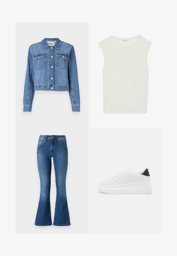 Jachetă din denim de culoare albastru deschis, cu un design scurt, nasturi pe față, două buzunare pe piept și un guler ascuțit. Prezintă o textură netedă.; Top alb fără mâneci, cu decolteu rotund. Fabricat dintr-un material neted, prezintă o croială lejeră și un design minimalist. Fără modele sau accente.; Blugi din denim albastru cu croiala evazata, talie medie, cu cinci buzunare, sistem de închidere cu nasture și o decolorare ușoară pe lungimea picioarelor.; Adidași albi cu platformă, fabricați din material sintetic neted, cu vârf rotund, design cu șireturi și talpă din cauciuc texturat. Accente negre la călcâi.