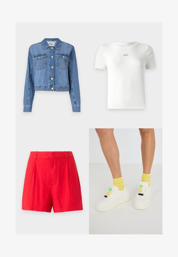 Gai zils džinsu jake ar īsu dizainu, priekšējiem pogām, divām krūtīm kabatām un smailu apkakli. Iespējams, ka tā ir ar gludu tekstūru.; Balta īsām piedurknēm ribota T-kreksa ar apaļu izgriezumu un nelielu izšūtu "GAP" logotipu centrā. Mīksta auduma tekstūra.; Sarkani lina šorti ar pielāgotu dizainu, kas satur krokas, gludu tekstūru un vidēja augstuma jostasvietu.; Baltas sporta apavi ar masīvu zoli, apvienojot košus šņoru akcentus zaļā, dzeltenā un melnā krāsā. Nēsāti kopā ar dzeltenām ribotām zeķēm.