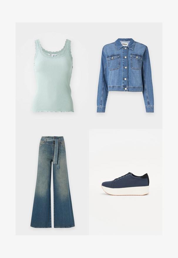 Svetlo modra denim jakna s skrajšanim dizajnom, sprednjimi gumbi, dvema žepoma na prsih in koničastim ovratnikom. Ima gladko teksturo.; Svetlo modra rebrasta majica na tanko z lasedrim čipkastim ovratnikom in tankimi naramnicami, izdelana iz mehkega in raztegljivega materiala.; Široke jeans hlače z gradientom od svetlo do temno modre, visokim pasom, zankami za pas in pasom iz istega materiala. Tekstura denim končnica.; Temno modri športni copati z teksturirano zgornjščino, bela platforma, okrogla konica in črn naglas na peti. Imajo šest lukenj za vezalke.