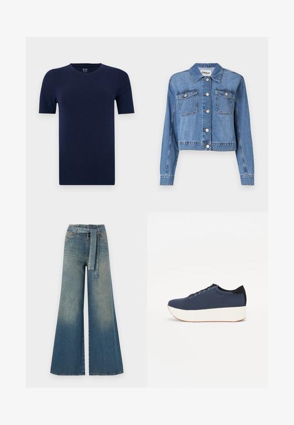 Light blue denim jacket with a cropped design, front buttons, two chest pockets, and a pointed collar. Features a smooth texture.; Navy blue, short-sleeve crew neck T-shirt made of soft cotton fabric. Features a regular fit with straight hems for a comfortable design.; Wide-leg denim trousers featuring a light to dark blue gradient, high waist, belt loops, and a matching fabric belt. Textured denim finish.; Navy blue sneaker with a textured fabric upper, white platform sole, rounded toe, and black heel accent. Features six eyelets for laces.