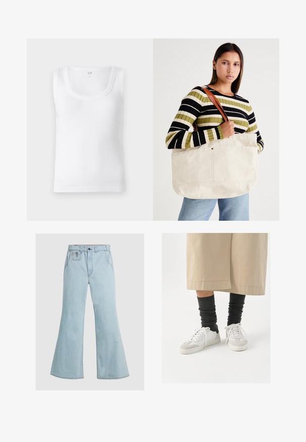 Světle modrá džínová bunda s krátkým střihem, předními knoflíky, dvěma náprsními kapsami a špičatým límcem. Má hladkou texturu.; Bílé žebrované tílko s kulatým výstřihem a širokými ramínky. Vyrobeno z lehkého materiálu. Má čistý, jednoduchý design bez ozdob.; Světlé modré zvonové džíny z denimu, s vysokým pasem, zapínáním na knoflík a předními kapsami. Hladká textilie s minimem švů.; Bílé a šedé tenisky s černým akcentem na patě, s hladkým koženým svrškem a texturovanou semišovou špičkou. Nosič má na sobě tmavě šedé pohodlné ponožky.; Velká béžová plátěná taška s hnědými koženými rukojeťmi, s minimalistickým designem a viditelnými švy.