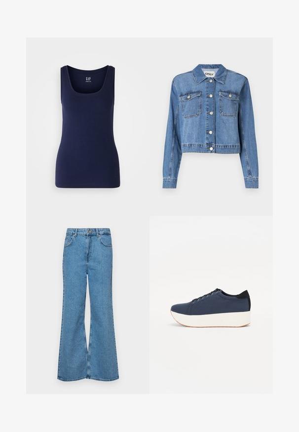 Svetlomodrá denimová bunda s krátkym strihom, prednými gombíkmi, dvoma náprsními vreckami a špicatým golierom. Vyznačuje sa hladkou textúrou.; GAP TANK - Top - navy; Svetlomodré rozšírené džínsy vyrobené z denimu, s vysokým pásom, piatimi vreckami a jednopoložkovým zapínaním na gombík. Mäkká textúra s vyblednutým povrchom.; Námornícky modré tenisky s textúrovaným textilným zvrškom, bielou platformovou podrážkou, zaoblenou špičkou a čiernym akcentom na päte. Obsahujú šesť otvorov na šnúrky.