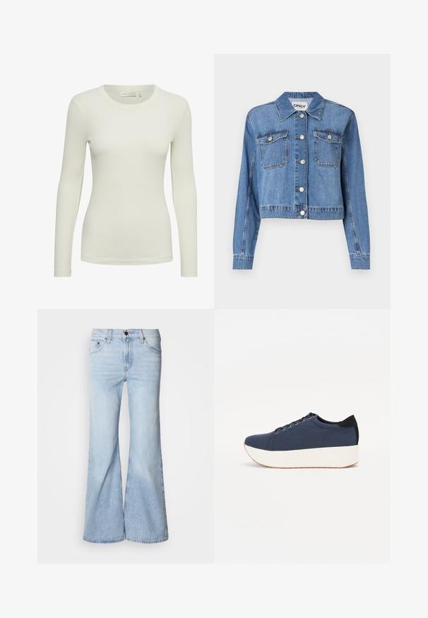 Heleukrõngane džinnjak, millel on lühenenud disain, ees nupukinnitus, kaks rinna taskut ja terav krae. Omab siledat tekstuuri.; Pikkade varrukatega ribakonstruktsiooniga särk kreemjas valges toonis, ümarate krae ja liibuva disainiga. Valmistatud pehmest ja siledast materjalist, millel on õrn tekstuur.; Hele sinised lehvikpõlvedega teksad, millel on kõrge vöökoht, teksakangas, viis taskut ja nööpidega sulgur. Püksisääred on laiad ja kergelt tuhmistunud viimistlusega.; Tumedat sinised tennised tekstureeritud riidest pealispinnaga, valge platvormi tallaga, ümarate varvaste ja musta kontsapaneeliga. Omab kuut silma paelte jaoks.