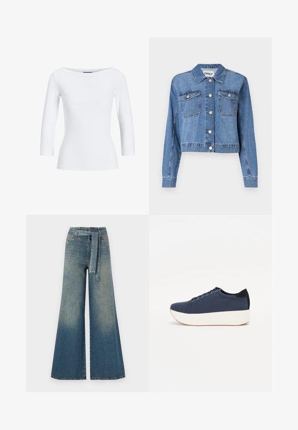 Šviesiai mėlynas džinsinis švarkas su trumpu dizainu, priekiniais mygtukais, dviem krūtinės kišenėmis ir smailiu apykakle. Pasižymi lygiu paviršiumi.; Balta suraizguota ilgomis rankovėmis palaidinė su plačiu iškirpimu. Audinys yra lygus, prilipęs prie kūno, o rankogalių ir apačios apdaila yra tvarkinga.; Platus džinsinis kelnes su šviesiai tamsiai mėlynu gradientu, aukštu juosmeniu, diržo kilpomis ir atitinkančiu audinio diržu. Textūruotas džinsinis paviršius.; Tamsiai mėlynas sportinis batelis su tekstūruotu audiniu viršuje, baltu platformos padu, apvaliu pirštu ir juodu kulno akcentu.š. Yra šešios skylės raišteliams.