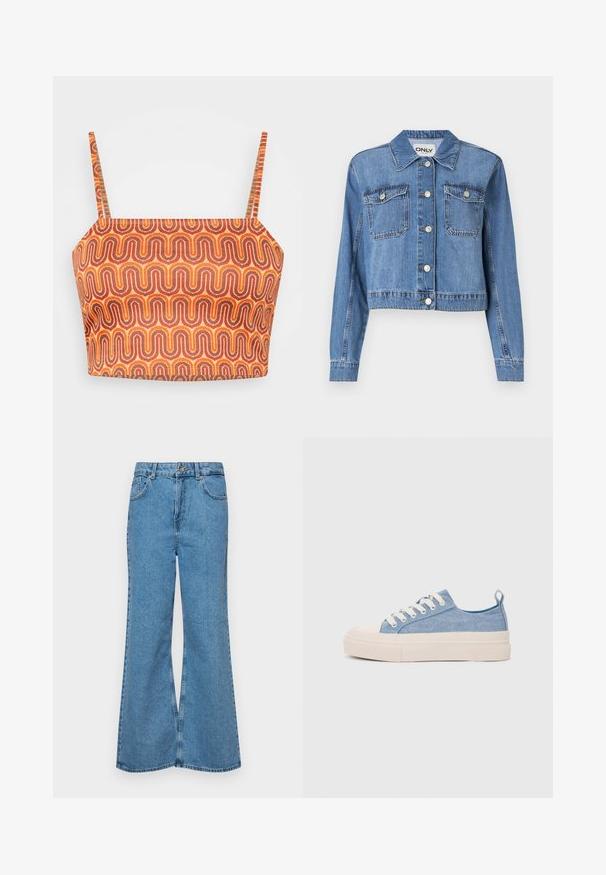 Svetlomodrá denimová bunda s krátkym strihom, prednými gombíkmi, dvoma náprsními vreckami a špicatým golierom. Vyznačuje sa hladkou textúrou.; Viacfarebný skrátený top s tenkými ramienkami, so zvlneným vzorom v oranžovej, červenej a hnedej na textúrovanom materiáli.; Svetlomodré rozšírené džínsy vyrobené z denimu, s vysokým pásom, piatimi vreckami a jednopoložkovým zapínaním na gombík. Mäkká textúra s vyblednutým povrchom.; Svetlomodré plátené tenisky s krémovou gumovou špičkou a podrážkou, obsahujúce biele šnúrky a pútko na päte.