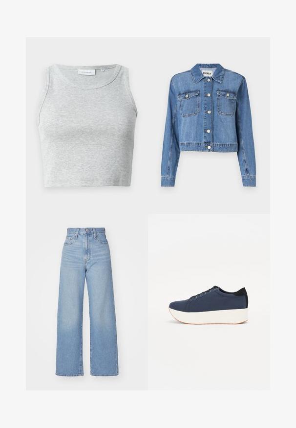 Chaqueta de mezclilla azul claro con un diseño crop, botones frontales, dos bolsillos en el pecho y un cuello puntiagudo. Presenta una textura suave.; Camiseta de tirantes gris con cuello redondo y sin mangas. Textura suave y diseño ajustado, ideal para opciones casuales o para llevar en capas.; Jeans de tiro alto y pernera ancha en azul claro, con cierre frontal de botón y cremallera, y bolsillos delantero y trasero, sobre un fondo blanco.; Zapatilla de color azul marino con parte superior de tejido texturizado, suela de plataforma blanca, punta redondeada y acento en el talón negro. Cuenta con seis ojales para los cordones.