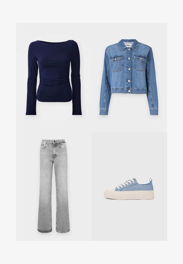 Šviesiai mėlynas džinsinis švarkas su trumpu dizainu, priekiniais mygtukais, dviem krūtinės kišenėmis ir smailiu apykakle. Pasižymi lygiu paviršiumi.; Jūros laivyno ilgarankovė palaidinė, pagaminta iš minkštos, tampraus audinio, su apvaliame iškirpime ir susiūta šone, suteikianti kūnui priglundantį siluetą.; Šviesiai pilki nugandelti tiesių kojų džinsai su priekinėmis kišenėmis, diržo kilpomis ir užsegimu mygtuku bei užtrauktuku.; Šviesiai mėlyni drobės sportbačiai su kreminiu guminiu pirštų apsaugos ir pado elementu, balti raišteliai ir kilpa ant kulno.