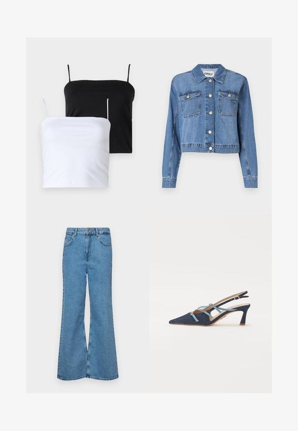 Šviesiai mėlynas džinsinis švarkas su trumpu dizainu, priekiniais mygtukais, dviem krūtinės kišenėmis ir smailiu apykakle. Pasižymi lygiu paviršiumi.; Du šilti moteriški trumpi marškiniai juodos ir baltos spalvos. Pagaminti iš minkštos medžiagos, su plonomis reguliuojamomis petnešomis. Lygus paviršius, paprastas dizainas, jokių ryškių raštų.; Šviesiai mėlynos flared džinsai, pagaminti iš džinsinio audinio, su aukštu liemeniu, penkiomis kišenėmis ir vienu mygtuko užsegimu. Minkštas paviršius su išblukusiu efektu.; Džinsinės slingback basutės, smaili nosis, šviesiai mėlynos juostos su kaspinėliais, vidutinio aukščio kulnas, tekstūruotas audinys, šviesiai rudos atspalvio padas, minimalus siuvinėjimas, elegantiškas dizainas.