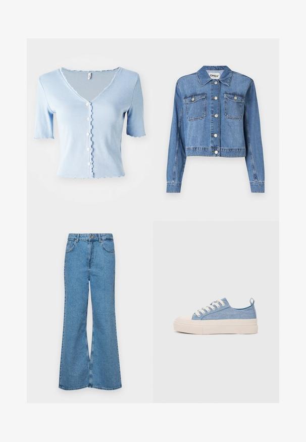 Hellblaues Jeansjacke mit cropped Design, Frontknöpfen, zwei Brusttaschen und spitzem Kragen. Hat eine glatte Textur.; Hellblauer, gerippter Kurzarm-Cardigan mit V-Ausschnitt, gewellten Kanten und fünf weißen Knöpfen auf der Vorderseite, aus weichem Stoff gefertigt.; Helle blaue Schlagjeans aus Denim, mit hoher Taille, fünf Taschen und einem einzelnen Knopfverschluss. Weiche Textur mit ausgeblichener Optik.; Helleblaue Leinensneaker mit einer cremefarbenen Gummikappe und Außensohle, ausgestattet mit weißen Schnürsenkeln und einer Zuglasche an der Ferse.