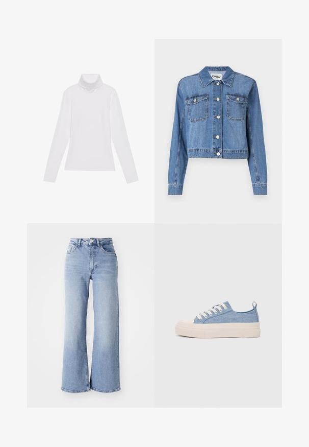 Svetlomodrá denimová bunda s krátkym strihom, prednými gombíkmi, dvoma náprsními vreckami a špicatým golierom. Vyznačuje sa hladkou textúrou.; Biely dlhý rukáv v štýle roláka vyrobený z hladkej, elastickej tkaniny. Má vysoký golier a priliehavý strih, bez viditeľných vzorov alebo ozdôb.; Svetlomodré vysoké široké nohavice z džínsoviny so zadnými a prednými vreckami, zapínaním na gombík a jemným vyblednutím na stehnách a lemoch.; Svetlomodré plátené tenisky s krémovou gumovou špičkou a podrážkou, obsahujúce biele šnúrky a pútko na päte.